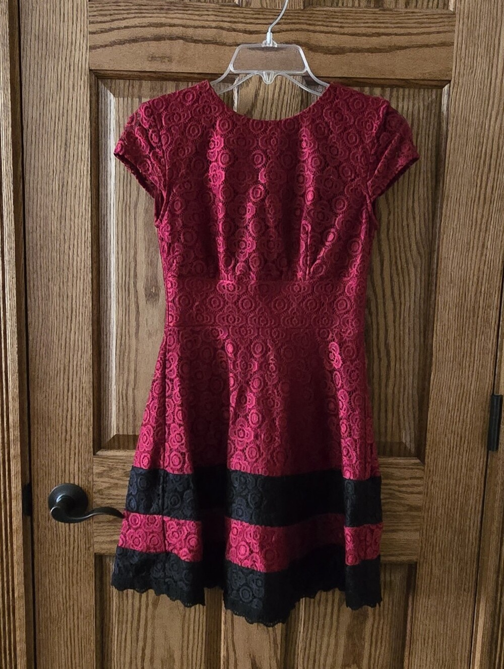 Teeze Me Red and Black Lace Fit & Flare Asymmetrical Hem Dress